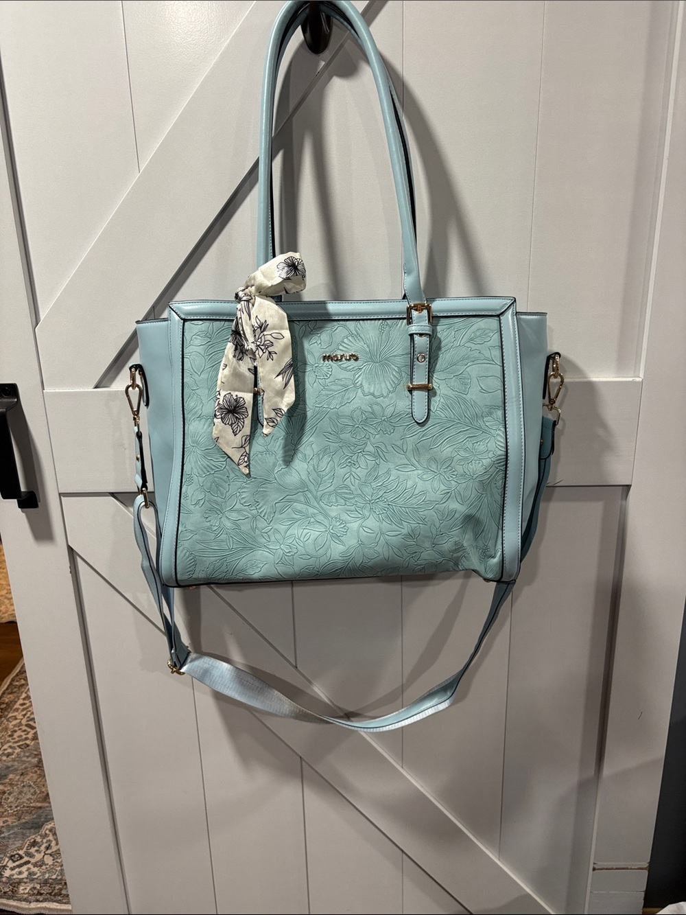 Light Blue Floral-Embossed Leather Tote with Scarf Accent